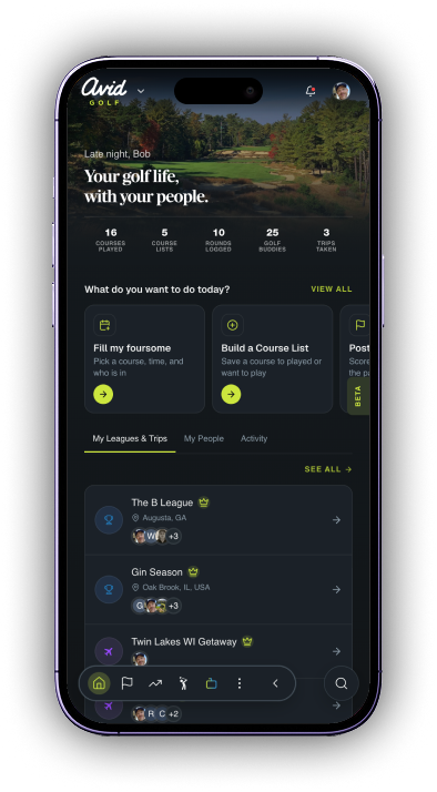 Avid Golf rounds & invitations screen on iPhone